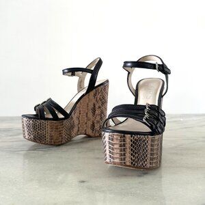 Michael Kors Jacinda Black Python Snake Buckle Wedge Platform Sandals 6